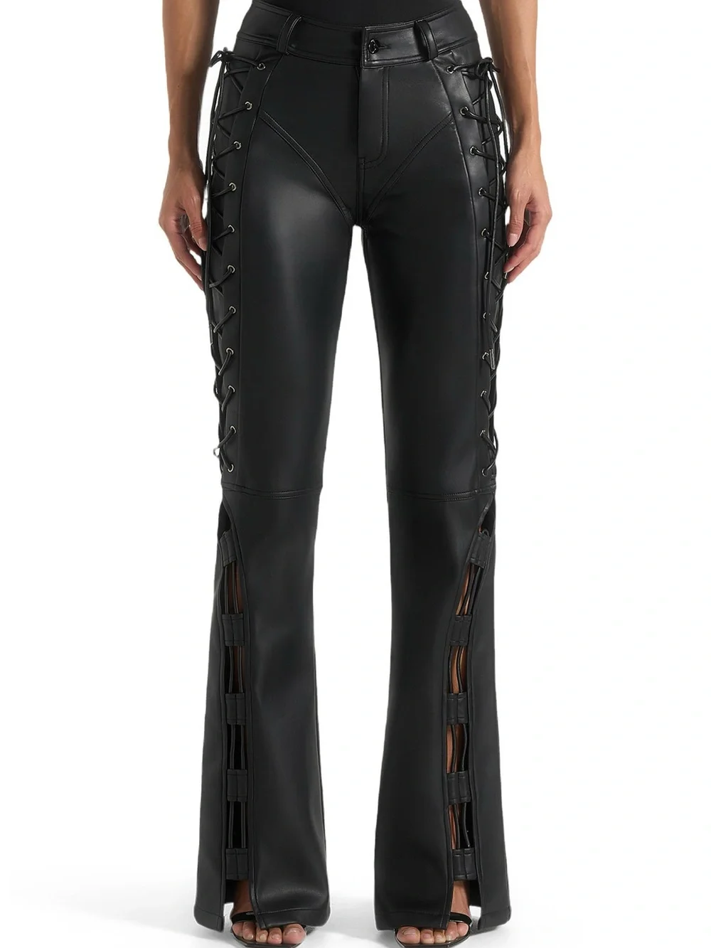 Manière De Voir Ambre Vegan Leather Lace-Up Flared Trousers | Black | Size 2 - Picture 2 of 15